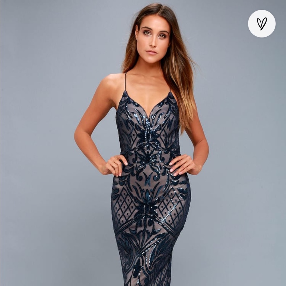 Lulu’s Ruby Navy Blue Sequin Lace-Up Maxi Dress